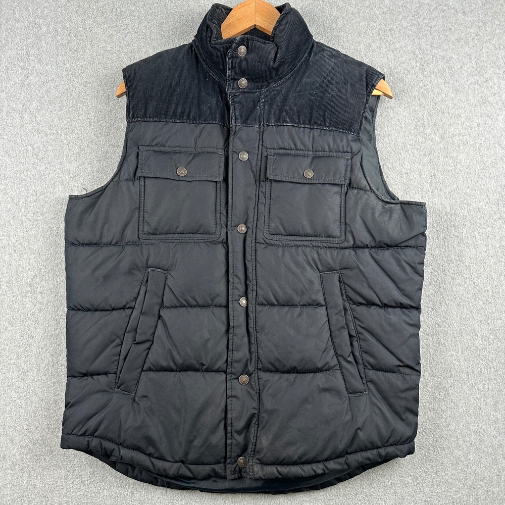 Gap Vest Mens M Black‎ Puffer Vest Corduroy Trim Quilted Snap Front Outerwear